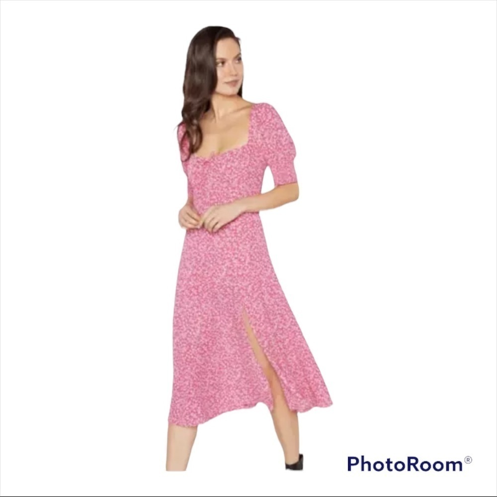 WAYF x Anthropologie Pink Daisy Puff Sleeve Midi Dress L | Spring Wedding Guest - Picture 8 of 13